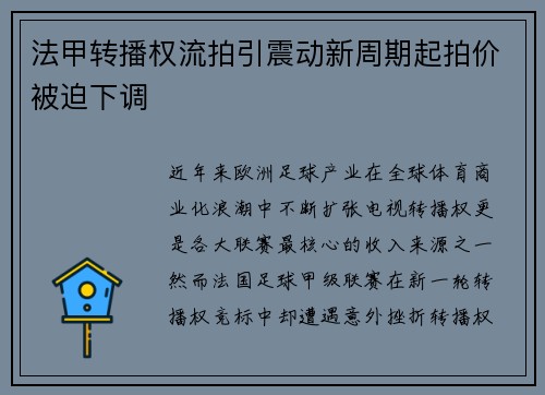 法甲转播权流拍引震动新周期起拍价被迫下调