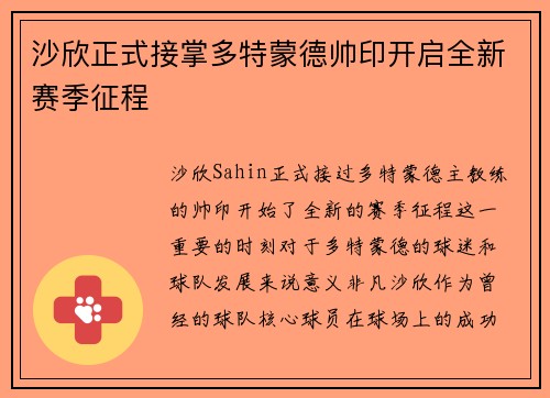 沙欣正式接掌多特蒙德帅印开启全新赛季征程